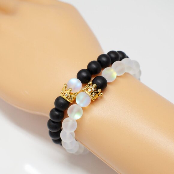 Bland and White Beaded Bracelets Set of 2 - Picture 3 of 6